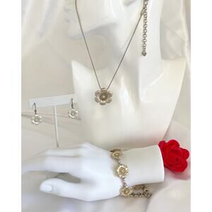 BRIGHTON 3 Piece Vintage  Floriana Silver Flower Necklace Bracelet Earring Set